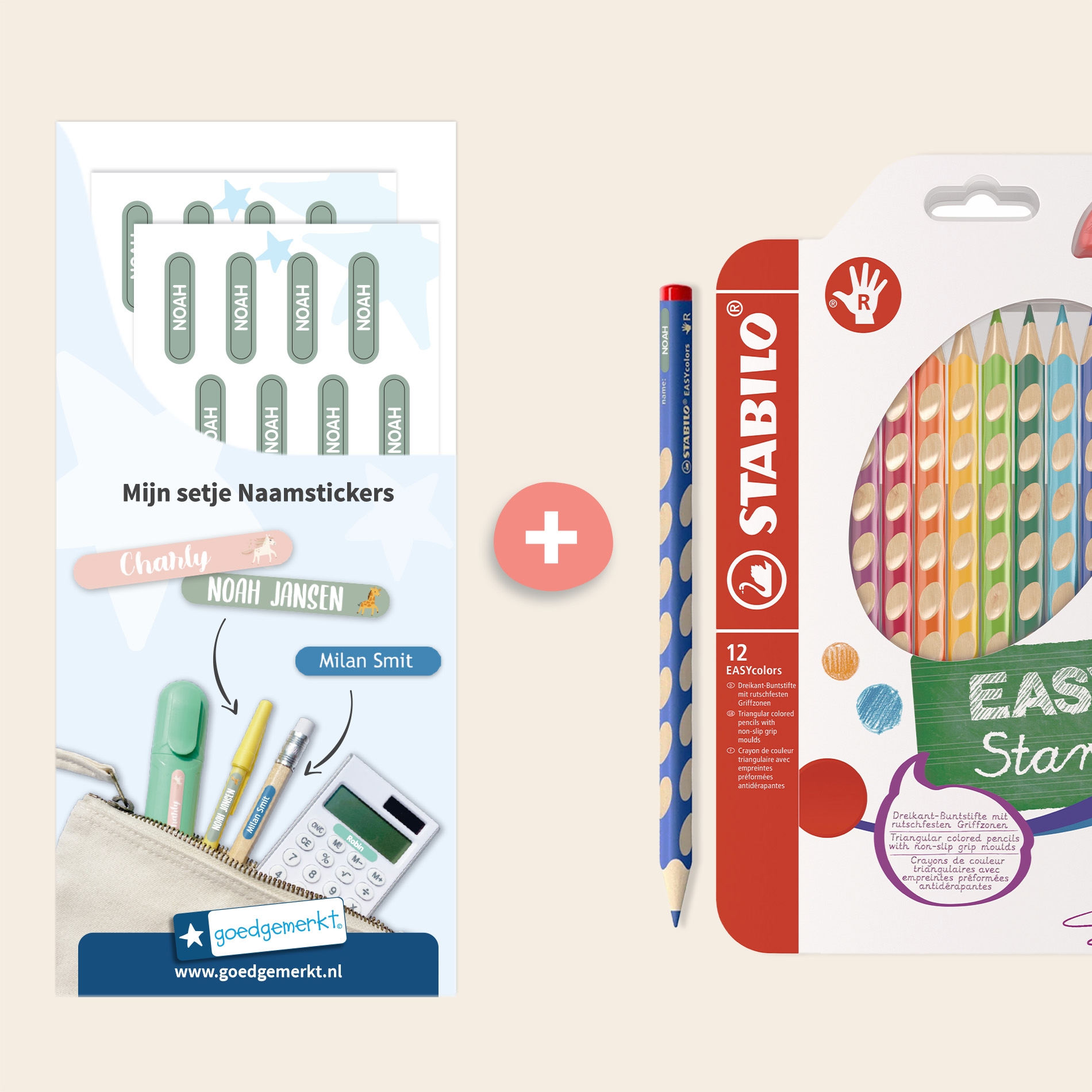 STABILO EASYcolors (12 stuks) + Mini XS naamstickers 