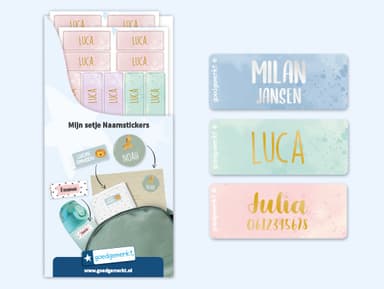 Kleine Aquarel naamstickers met goud/zilver