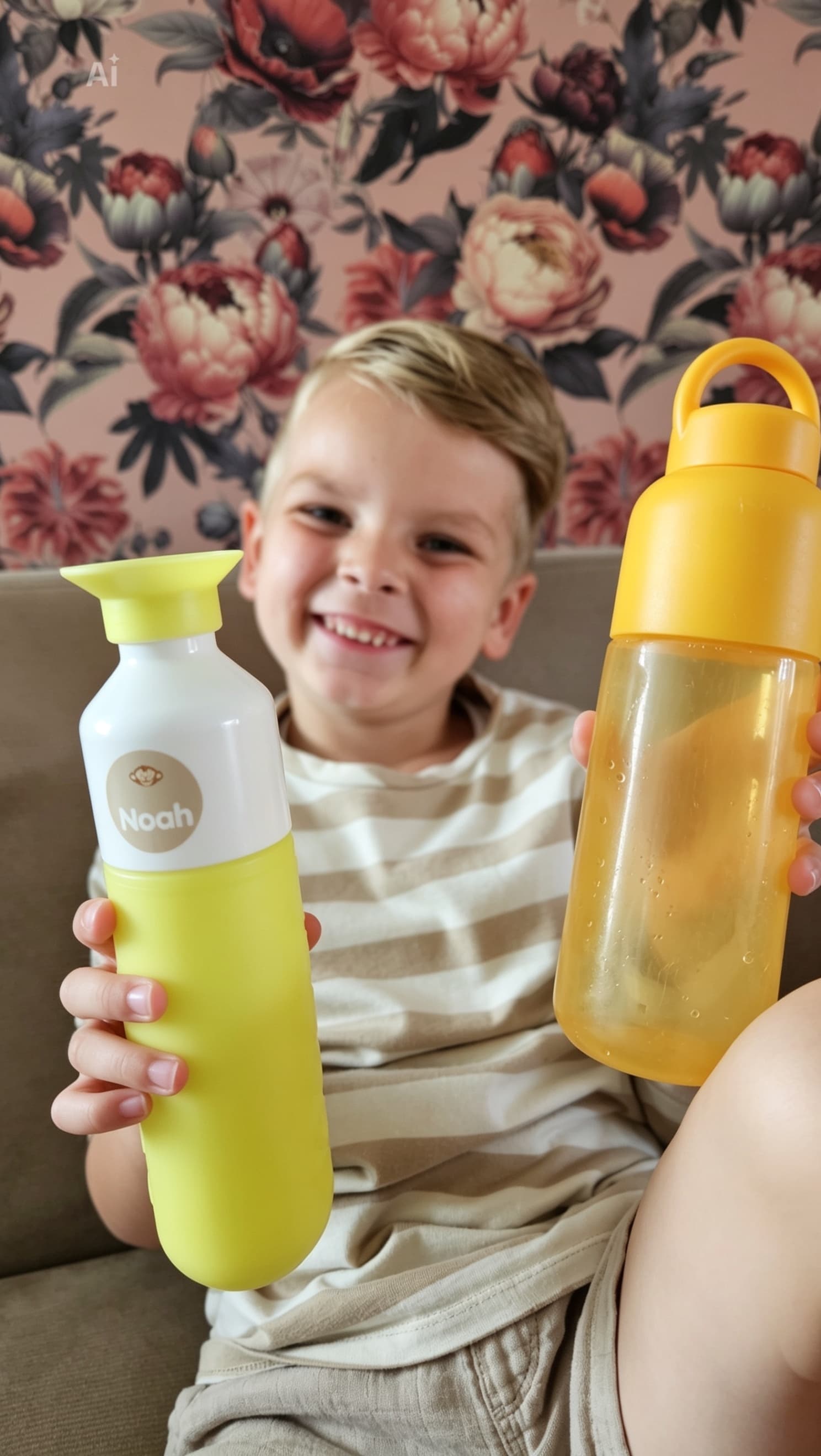 Kind is blij met zijn nieuwe stickers op zijn favorietje drinkflessen