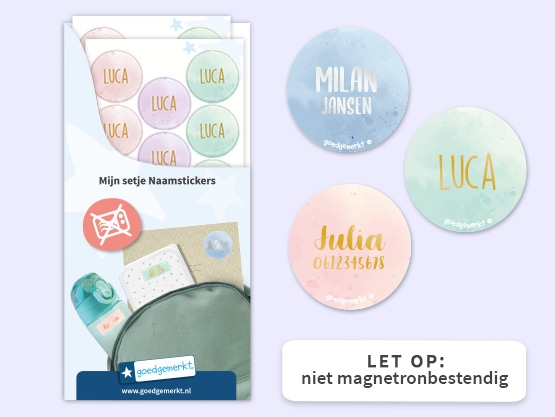 Ronde aquarel naamstickers met goud/zilver