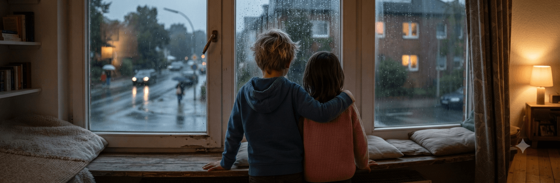Twee kinderen kijken op een regenachtige dag arm in arm uit het raam naar de natte straat